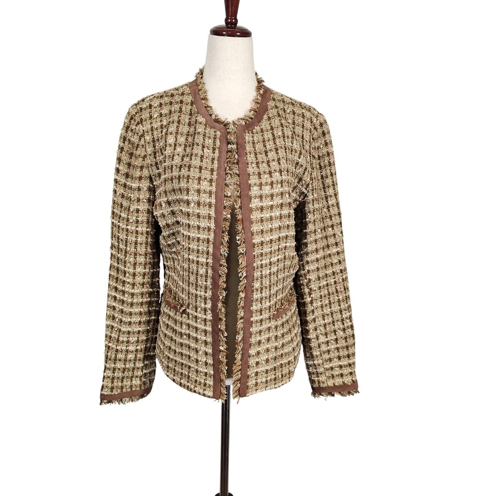 Coldwater Creek Jacket Womens Small Tweed‎ Open Front Fringe Trim Career Blazer